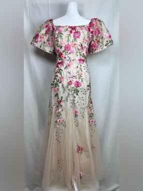 SHEIN Embroidered Floral Tulle Dress Size Large 8/10 Pink Prom Wedding Occassion